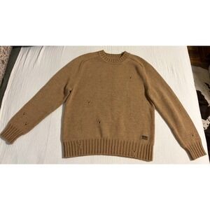 OOBE 161 Meeting St Sweater Men's L 100% Virgin Wool Distressed Crewneck Tan